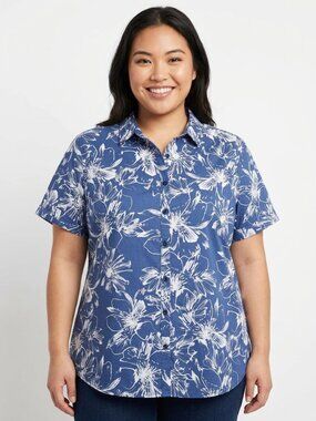 Roaman's Women's Blue Hawaiian Print Summer Floral Casual Top Plus Size 28W